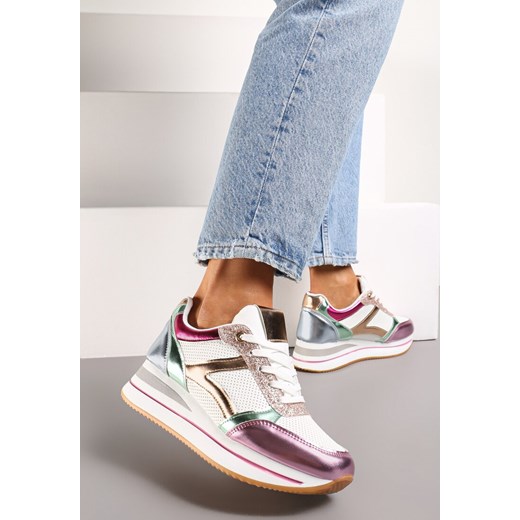 Biało-Różowe Sneakersy na Grubej Podeszwie w Paski Zdobione Brokatem Selarissa Renee 37 renee.pl