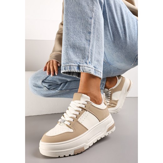 Ciemnobeżowe Sneakersy z Ekoskóry na Grubej Podeszwie z Ozdobnymi Wstawkami Sarnei ze sklepu renee.pl w kategorii Buty sportowe damskie - zdjęcie 173199984
