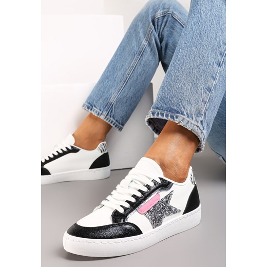 Biało-Czarne Sneakersy z Brokatowymi Wstawkami i Gwiazdką Reniva ze sklepu renee.pl w kategorii Buty sportowe damskie - zdjęcie 173200964