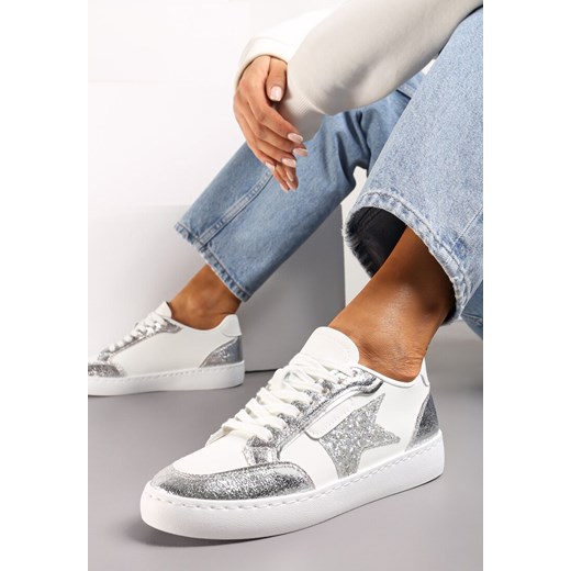 Srebrne Sneakersy z Brokatowymi Wstawkami i Gwiazdką Reniva ze sklepu renee.pl w kategorii Buty sportowe damskie - zdjęcie 173200974