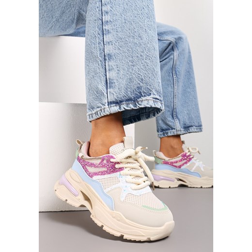 Beżowo-Różowe Sneakersy na Grubej Podeszwie z Siateczką i Błyszczącymi Detalami Xernnia ze sklepu renee.pl w kategorii Buty sportowe damskie - zdjęcie 173200994