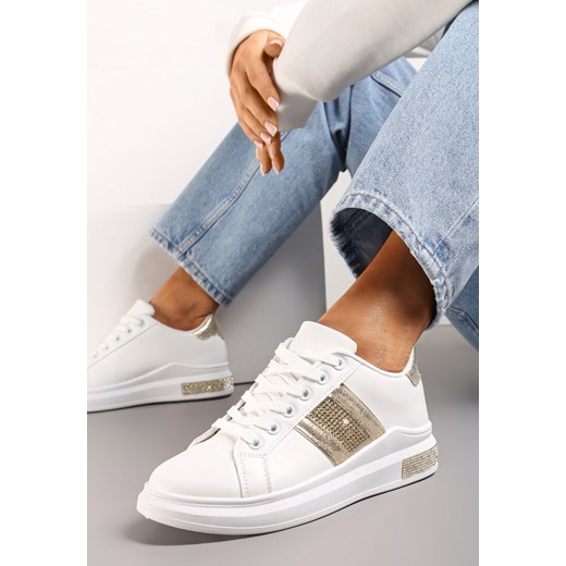 Biało-Złote Sneakersy z Metalicznymi Wstawkami i Cyrkoniami na Grubej Podeszwie Wirela ze sklepu renee.pl w kategorii Buty sportowe damskie - zdjęcie 173201004