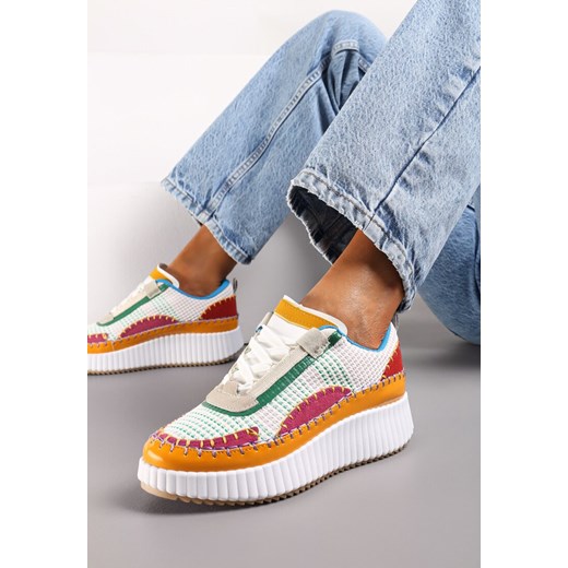 Biało-Zielone Sneakersy na Platformie Ozdobione Nitami i Patchworkowymi Wstawkami Jeneria ze sklepu renee.pl w kategorii Buty sportowe damskie - zdjęcie 173202680