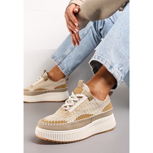Ciemnobeżowe Tweedowe Sneakersy na Platformie z Przeszyciem Orilenes ze sklepu renee.pl w kategorii Buty sportowe damskie - zdjęcie 173202700
