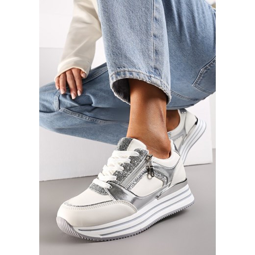 Srebrne Sneakersy z Metalicznymi Wstawkami i Brokatem na Grubej Podeszwie Anova ze sklepu renee.pl w kategorii Buty sportowe damskie - zdjęcie 173202750