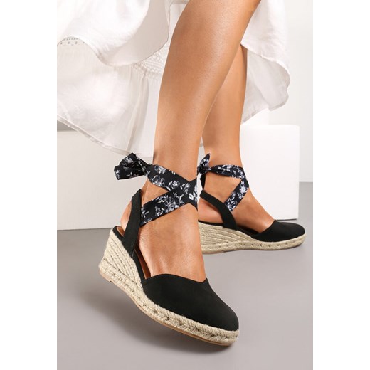 Czarne Sandały Espadryle na Koturnie Wiązane Przy Kostce Mirilthe ze sklepu renee.pl w kategorii Espadryle damskie - zdjęcie 173203120