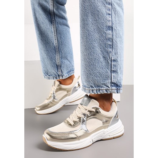 Beżowo-Złote Sznurowane Sneakersy Ozdobione Metaliczną Wstawką Kizria ze sklepu renee.pl w kategorii Buty sportowe damskie - zdjęcie 173203250