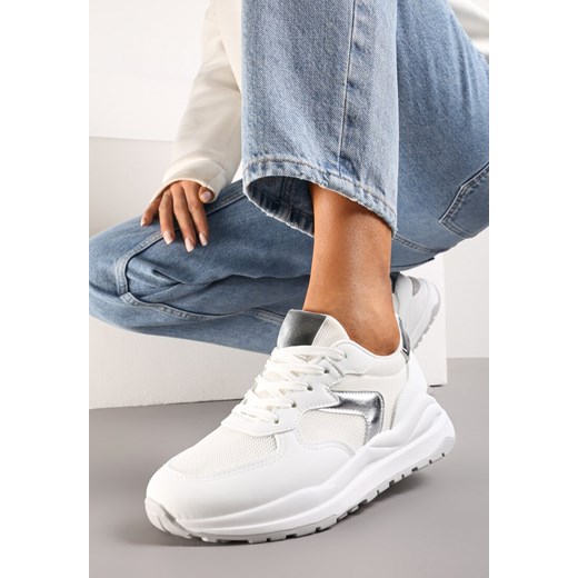 Biało-Srebrne Sneakersy na Płaskiej Podeszwie ze Sznurowaniem i Materiałowymi Wstawkami Haretta ze sklepu renee.pl w kategorii Buty sportowe damskie - zdjęcie 173205243