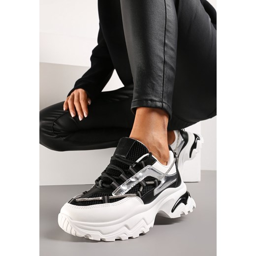 Czarno-Białe Sneakersy z Metalicznymi Wstawkami na Niskiej Platformie z Ozdobnym Sznurkiem Oiriema ze sklepu renee.pl w kategorii Buty sportowe damskie - zdjęcie 173206871