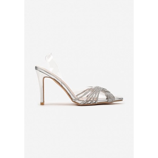 Srebrne Transparentne Sandały na Szpilce z Paseczkami z Cyrkoniami Okleria Renee 37 renee.pl
