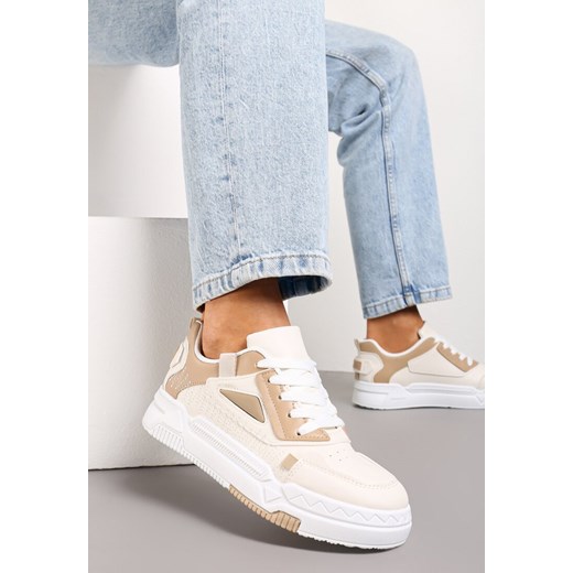 Ciemnobeżowe Sznurowane Sneakersy z Ekoskóry z Ozdobnymi Wstawkami Ravana ze sklepu renee.pl w kategorii Buty sportowe damskie - zdjęcie 173209054