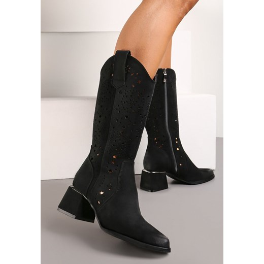 Czarne Długie Botki Kowbojki z Ażurową Cholewką na Słupku Brysara Renee 40 renee.pl