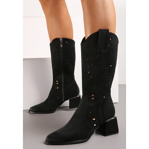 Czarne Długie Botki Kowbojki z Ażurową Cholewką na Słupku Brysara Renee 40 renee.pl