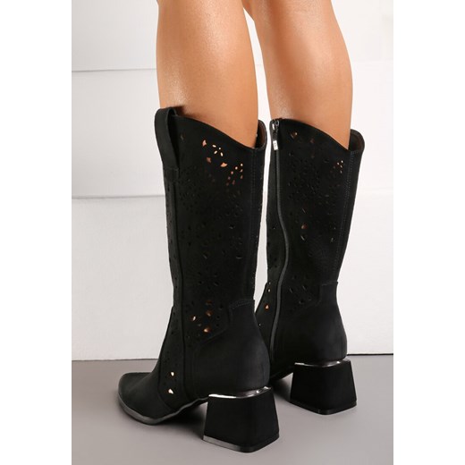 Czarne Długie Botki Kowbojki z Ażurową Cholewką na Słupku Brysara Renee 38 renee.pl
