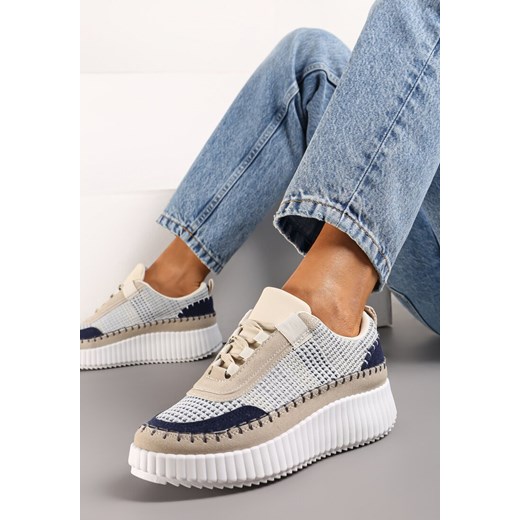 Beżowo-Niebieskie Sneakersy na Platformie Ozdobione Tweedowymi Wstawkami i Cyrkoniami Eganna ze sklepu renee.pl w kategorii Buty sportowe damskie - zdjęcie 173210773