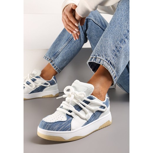 Niebiesko-Białe Sneakersy z Ozdobnymi Sznurówkami na Niskiej Platformie z Perforacją Dearias ze sklepu renee.pl w kategorii Buty sportowe damskie - zdjęcie 173211613