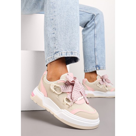 Beżowo-Różowe Sneakersy na Grubej Podeszwie z Ozdobnymi Sznurówkami Zeldema ze sklepu renee.pl w kategorii Buty sportowe damskie - zdjęcie 173212604