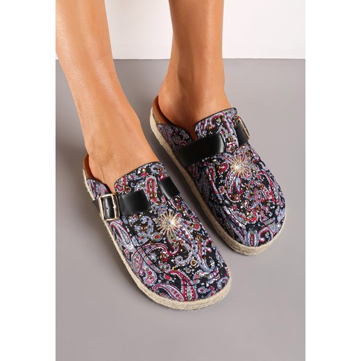 Czarne Klapki z Ekozamszu z Oryginalnym Wzorem i Klamrą Nirable Renee 40 renee.pl