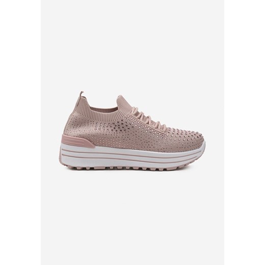 Różowe Wsuwane Sneakersy z Cyrkoniami na Grubej Podeszwie z Materiałową Cholewką Renee 36 renee.pl