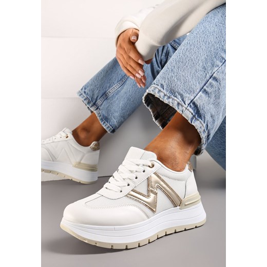 Białe Sznurowane Sneakersy na Płaskiej Podeszwie z Metaliczną Wstawką i Brokatem Setraffia ze sklepu renee.pl w kategorii Buty sportowe damskie - zdjęcie 173219902