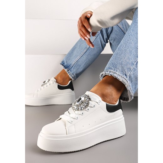 Biało-Czarne Sneakersy na Grubej Podeszwie z Ozdobną Aplikacją Kamienia  Danthia ze sklepu renee.pl w kategorii Buty sportowe damskie - zdjęcie 173221903