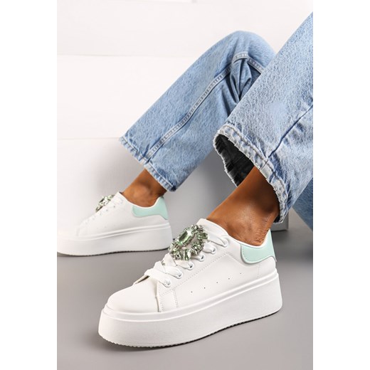 Biało-Zielone Sneakersy na Grubej Podeszwie z Ozdobną Aplikacją Kamienia Renee 36 renee.pl