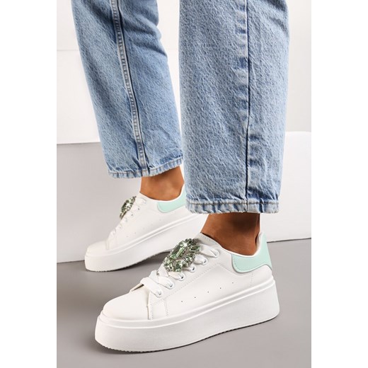 Biało-Zielone Sneakersy na Grubej Podeszwie z Ozdobną Aplikacją Kamienia Renee 41 renee.pl