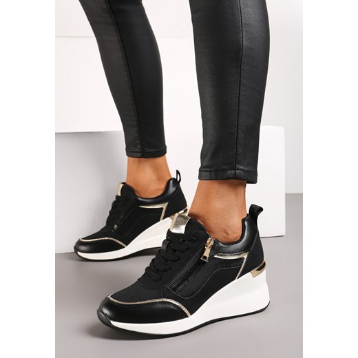 Czarne Sneakersy Ozdobione Suwakiem i Metalowymi Aplikacjami na Koturnie Renee 38 renee.pl