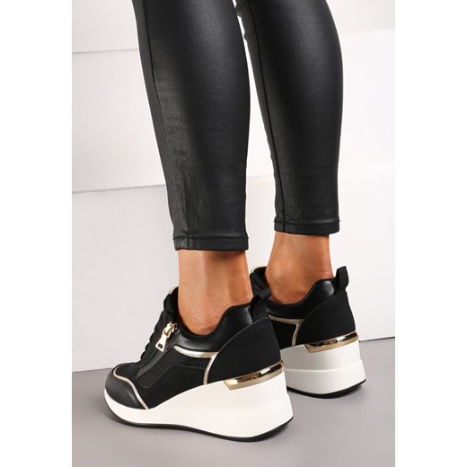 Czarne Sneakersy Ozdobione Suwakiem i Metalowymi Aplikacjami na Koturnie Renee 37 renee.pl