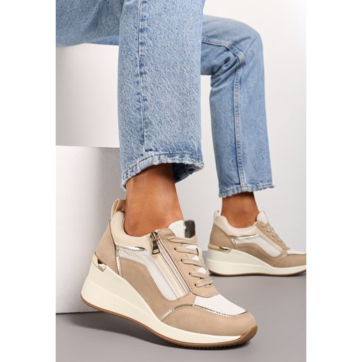 Brązowe Sneakersy Ozdobione Suwakiem i Metalowymi Aplikacjami na Koturnie Warranta ze sklepu renee.pl w kategorii Buty sportowe damskie - zdjęcie 173222841