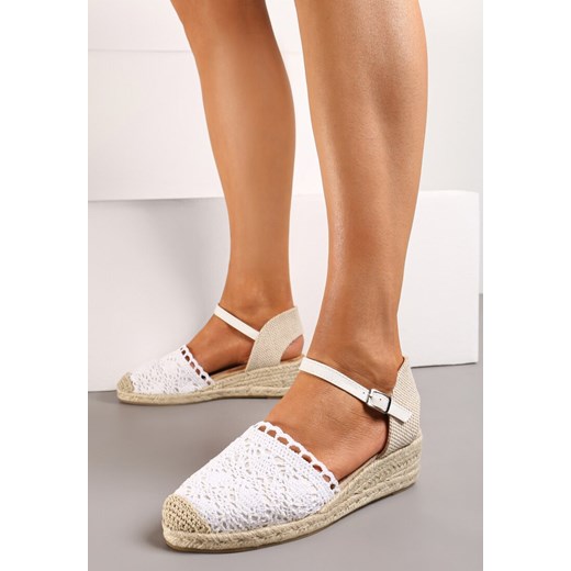 Białe Espadryle na Koturnie z Plecionką i Ażurową Koronką na Nosku Afridana ze sklepu renee.pl w kategorii Espadryle damskie - zdjęcie 173224851