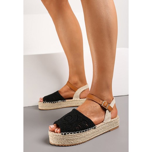 Czarne Sandały Espadryle z Plecionym Noskiem Peep Toe i Jutową Platformą Drelpa ze sklepu renee.pl w kategorii Sandały damskie - zdjęcie 173225043