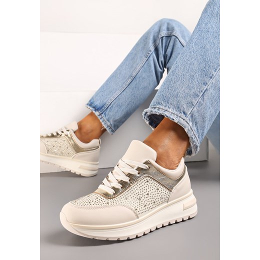 Beżowe Sznurowane Sneakersy z Ekoskóry z Cyrkoniami na Grubej Podeszwie Arpite ze sklepu renee.pl w kategorii Buty sportowe damskie - zdjęcie 173225703