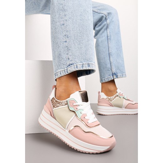 Różowe Sneakersy na Niskiej Platformie ze Wstawkami z Brokatu Quinnes ze sklepu renee.pl w kategorii Buty sportowe damskie - zdjęcie 173226243