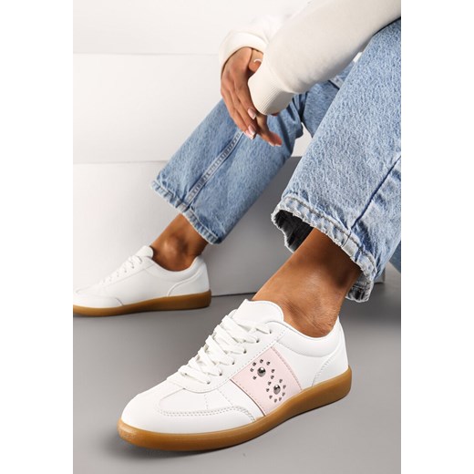 Biało-Różowe Sneakersy na Płaskiej Podeszwie z Wiązaniem i Ozdobną Wstawką Drukesti ze sklepu renee.pl w kategorii Buty sportowe damskie - zdjęcie 173226834