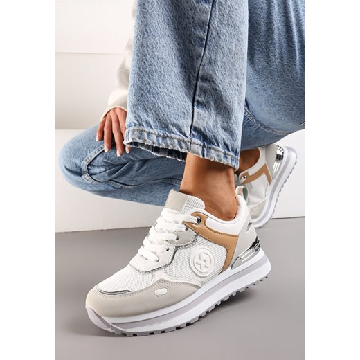 Biało-Szare Sneakersy na Niskiej Platformie z Metalicznym Paskiem za Kostkę Dapphira ze sklepu renee.pl w kategorii Buty sportowe damskie - zdjęcie 173227212
