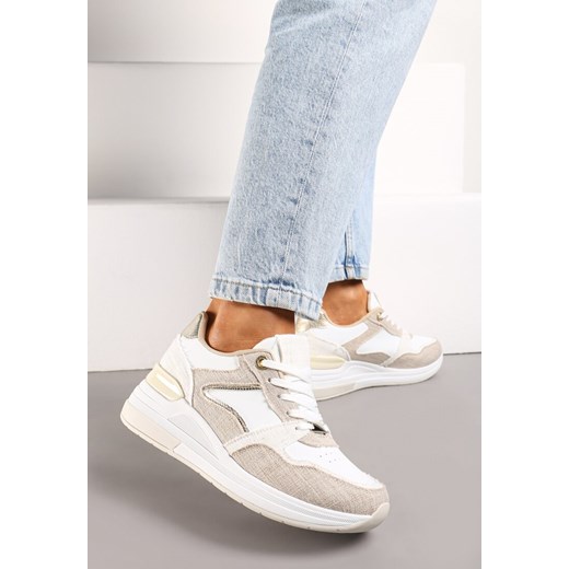 Beżowo-Białe Sneakersy na Niskim Koturnie z Materiałowymi Wstawkami Aquamarine ze sklepu renee.pl w kategorii Buty sportowe damskie - zdjęcie 173230330