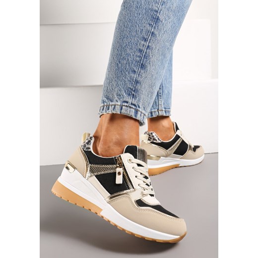Beżowo-Czarne Sneakersy na Niewysokim Koturnie Ozdobione Suwakiem i Wstawkami Liorrama ze sklepu renee.pl w kategorii Buty sportowe damskie - zdjęcie 173230432