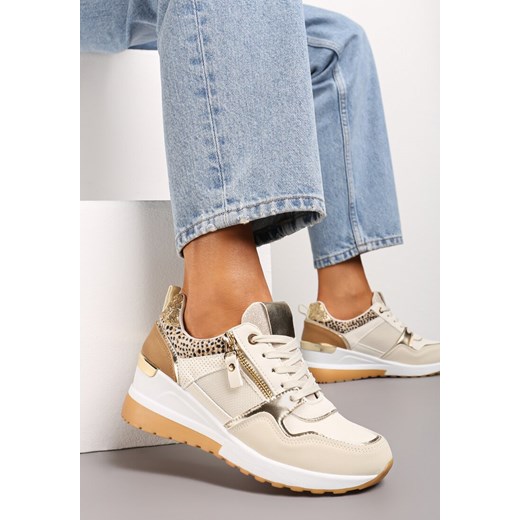 Beżowo-Brązowe Sneakersy na Niewysokim Koturnie Ozdobione Suwakiem i Wstawkami Liorrama ze sklepu renee.pl w kategorii Buty sportowe damskie - zdjęcie 173230444