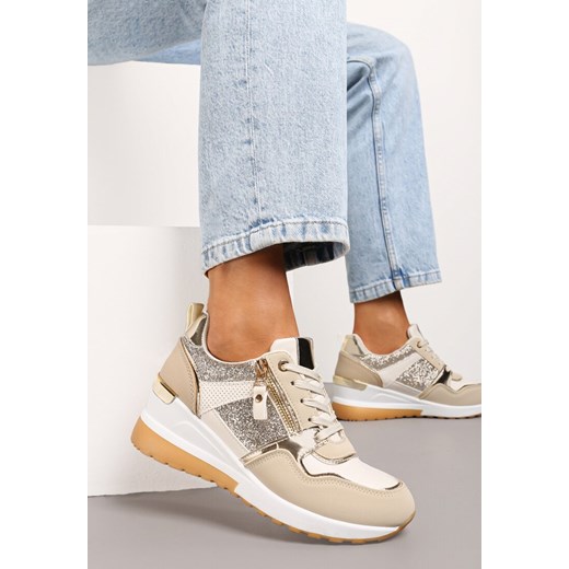 Beżowo-Złote Sneakersy na Niewysokim Koturnie Ozdobione Suwakiem i Wstawkami Liorrama ze sklepu renee.pl w kategorii Buty sportowe damskie - zdjęcie 173230450