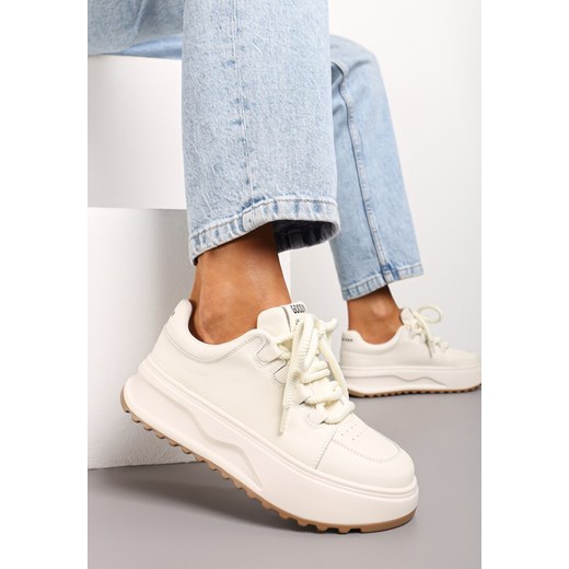 Białe Sneakersy ze Skóry Naturalnej z Platformą i Szerokimi Sznurówkami Talthea ze sklepu renee.pl w kategorii Buty sportowe damskie - zdjęcie 173230672