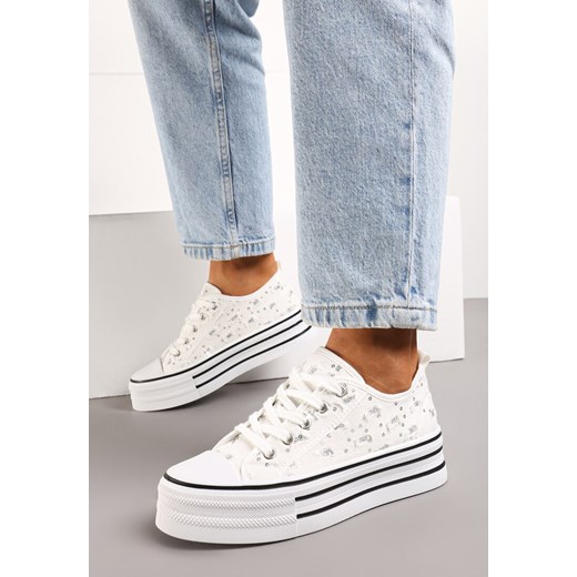 Białe Trampki na Platformie z Cholewką przed Kostkę Ozdobione Brokatem i Renee 41 renee.pl
