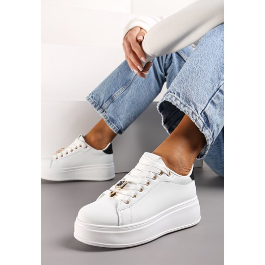 Biało-Czarne Sneakersy na Platformie z Metalowymi Zawieszkami i Cyrkoniami Nioko ze sklepu renee.pl w kategorii Buty sportowe damskie - zdjęcie 173232250