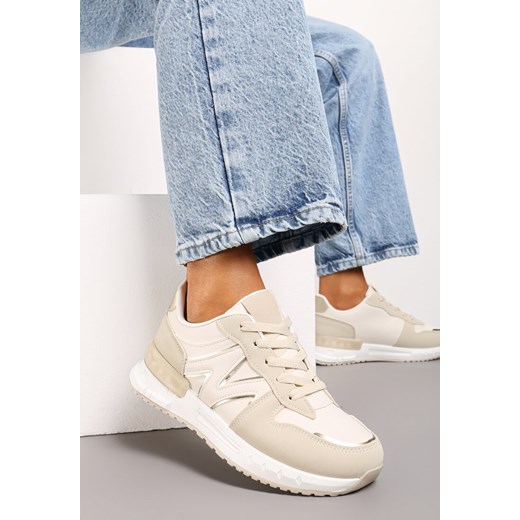 Beżowe Płaskie Sneakersy ze Sznurowaniem z Metalicznymi Wstawkami Remarie ze sklepu renee.pl w kategorii Buty sportowe damskie - zdjęcie 173234841