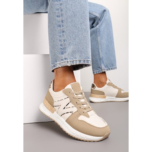 Ciemnobeżowe Płaskie Sneakersy ze Sznurowaniem z Metalicznymi Wstawkami Remarie ze sklepu renee.pl w kategorii Buty sportowe damskie - zdjęcie 173234853