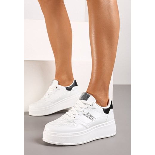 Biało-Srebrne Sneakersy z Ekoskóry za Kostkę ze Sznurowaniami Zdobione Perforacją Raviana ze sklepu renee.pl w kategorii Buty sportowe damskie - zdjęcie 173241160