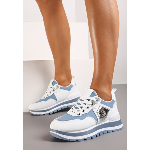 Biało-Niebieskie Sneakersy z Ekoskóry ze Sznurowaniami i Ozdobną Aplikacją Jatina ze sklepu renee.pl w kategorii Buty sportowe damskie - zdjęcie 173241250