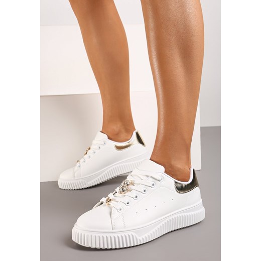 Biało-Złote Sneakersy na Niskiej Platformie ze Wstawką z Ekozamszu i Złotym Misiem Nleona ze sklepu renee.pl w kategorii Buty sportowe damskie - zdjęcie 173245153