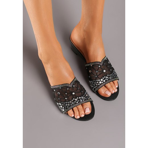 Czarne Klapki z Cyrkoniami na Niskiej Koturnie Ellahope Renee 40 renee.pl