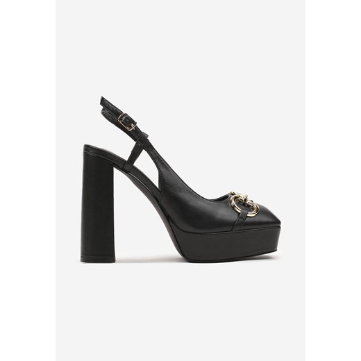 Czarne Sandały Slingback na Słupku z Platformą Ozdobione Klamrą Teslin Renee 38 renee.pl